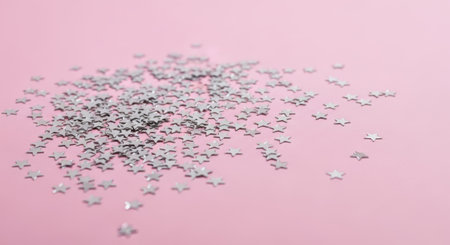 A scattering of silver star confetti on a pink surface, perfect for festive occasions and celebratory designs.の素材
