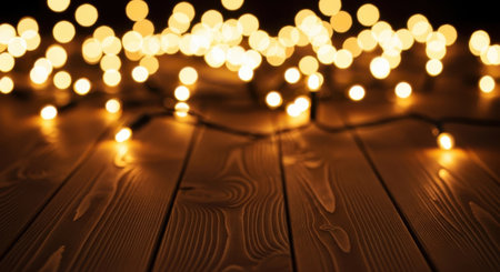A festive display of blurred, warm-toned Christmas lights creating a bokeh effect, set against a dark, rustic wooden table surface. Ideal for holiday backgrounds, celebrations, or cozy seasonal themes.の素材