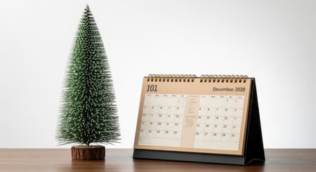 A miniature artificial Christmas tree stands next to a desktop calendar open to December 2021, set on a wooden surface.の素材