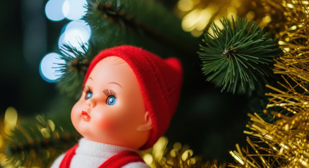 A close-up of a vintage doll wearing a red hat, set against a festive Christmas tree with bokeh lights and gold tinsel.の素材