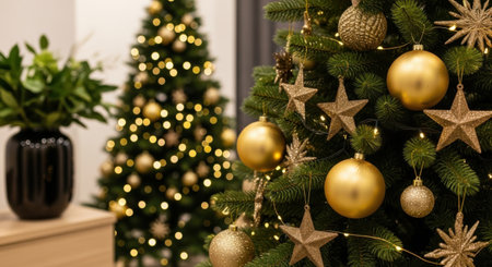 A close-up of a festive Christmas tree adorned with golden baubles, stars, and warm lights, with another blurred tree in the background, creating a cozy holiday atmosphere.の素材