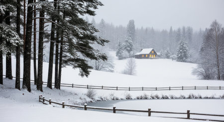 A serene winter scene featuring snow-covered ground, tall trees, a wooden fence, and a small house in the distance, all under a cloudy sky.の素材