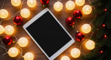 A top-down view of a white tablet with a black, blank screen, centrally placed on a wooden surface. It is surrounded by warm, glowing spherical Christmas lights and small, shiny red baubles. A hint of green Christmas tree branches is visible on the right side, adding to the holiday atmosphere. The scene evokes a sense of festive technology and holiday cheer, perfect for showcasing digital content during the Christmas season.の素材