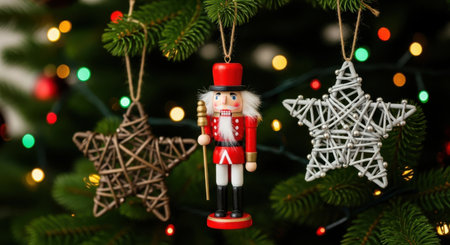 Close-up of a Christmas tree adorned with a nutcracker and star ornaments, creating a warm and festive holiday atmosphere.の素材