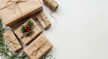 Flat lay of Christmas presents wrapped in brown recycled paper and twine. Decorated with fir branches and red berries on a white background with space for text.の素材