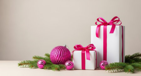 A festive holiday scene featuring two white gift boxes tied with bright pink ribbons, surrounded by shiny pink Christmas baubles and fresh green fir sprigs on a neutral background.の素材