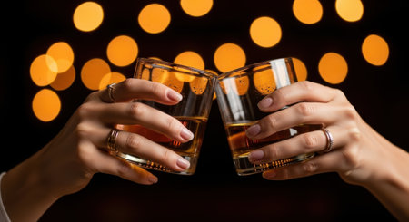 A close-up shot of two hands holding whiskey glasses and clinking them together, with a blurred background of warm bokeh lights.の素材