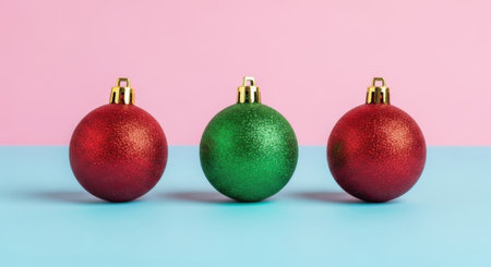 A minimalist composition featuring three shiny Christmas baubles, two red and one green, arranged in a row against a striking two-tone pink and blue backdrop, perfect for holiday themes.の素材