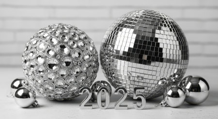 A festive black and white image featuring disco balls, ornaments, and the year 2025, symbolizing New Years celebrations and a bright future.の素材