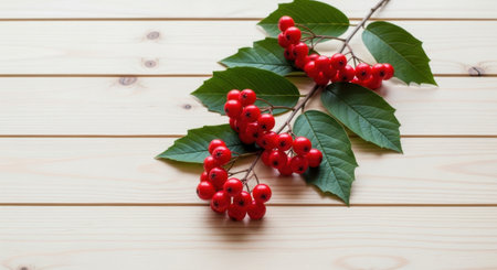 A fresh sprig of red viburnum berries and vibrant green leaves resting on a pale wooden surface. A natural and simple composition with a top down view and copy space.の素材