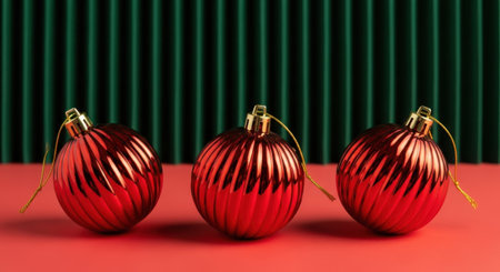 Three red Christmas ornaments with gold tops, arranged on a red surface against a green, vertically striped background.の素材