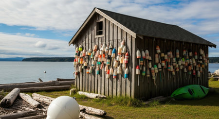 A weathered wooden shack is decorated with a multitude of colorful buoys, set against a backdrop of a calm body of water and a partly cloudy sky.の素材