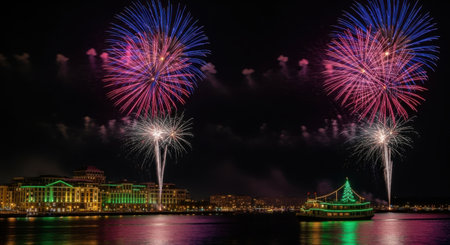 A stunning night scene featuring colorful fireworks illuminating the sky above a city skyline and its reflection on the river below, with a boat in the foreground.の素材