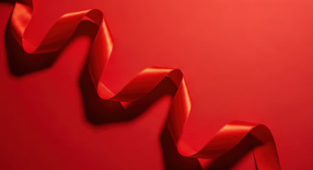 A striking red ribbon elegantly curves and twists, creating a dynamic look against a matching red background, highlighting its smooth texture and fluid motion.の素材