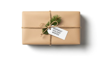 A beautifully wrapped gift in brown paper, tied with twine, and adorned with a sprig of greenery and a tag with holiday wishes.の素材