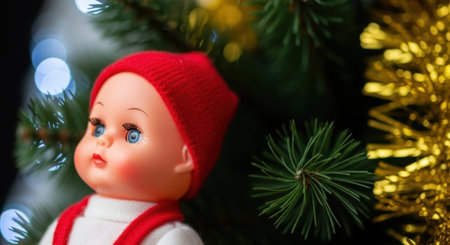 A vintage doll with a red hat is positioned near Christmas decorations, creating a nostalgic and festive scene.の素材