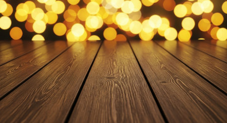 Close-up of a wooden surface with blurred bokeh lights in the background, creating a warm and inviting atmosphere.の素材