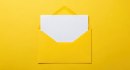 A bright yellow envelope is open with a white blank card inside, set against a solid yellow background.の素材
