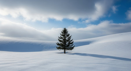 A minimalist winter scene featuring a single fir tree standing in a vast expanse of rolling white snow, casting a long shadow under a dramatic cloudy sky.の素材