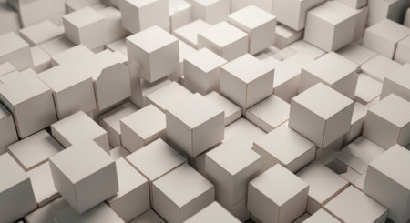 A captivating abstract background featuring a dynamic arrangement of three-dimensional white cubes, creating a textured and geometric pattern with varying heights and subtle shadows.の素材