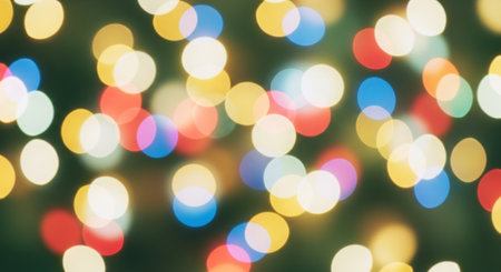 A festive and vibrant abstract background featuring blurred Christmas lights, creating a bokeh effect with colorful circles of red, blue, yellow, and white.の素材