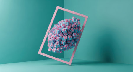 A captivating abstract composition featuring a cluster of pastel flowers framed by a pink square, set against a vibrant teal backdrop, creating a visually striking and modern aesthetic.の素材