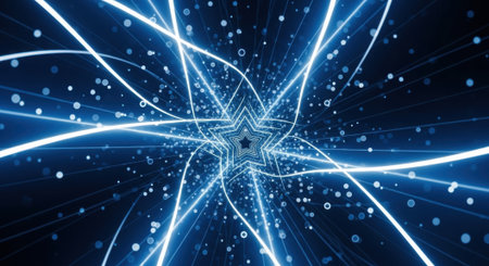 A mesmerizing digital artwork featuring a central star-shaped focal point with radiating blue energy lines and sparkling particles, creating a sense of motion and cosmic energy.の素材
