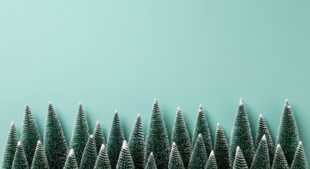 An abstract image featuring a row of dark green, spiky, conical shapes arranged along the bottom edge of a light blue background, creating a minimalist and modern aesthetic.の素材