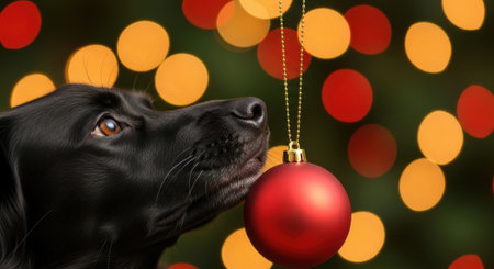 A close-up of a black Labrador dogs face as it curiously sniffs a shiny red Christmas ornament. The background features a soft bokeh of red and orange lights, suggesting a festive holiday atmosphere.の素材