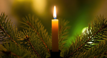 A lit candle stands tall, surrounded by lush green pine branches, creating a serene and festive atmosphere.の素材