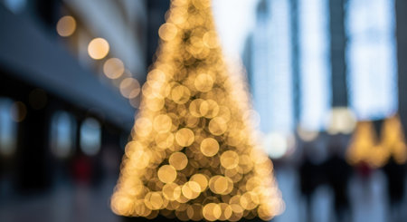 A festive and magical bokeh effect of blurred golden Christmas tree lights, perfect for holiday greetings and winter celebrations.の素材