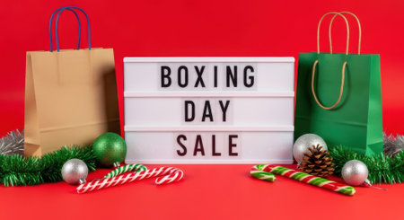 A vibrant image showcasing a Boxing Day Sale announcement with shopping bags, ornaments, and candy canes against a red backdrop, promoting holiday shopping.の素材