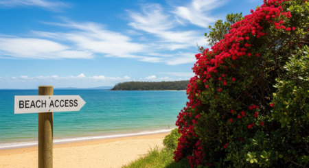 A white sign with the words BEACH ACCESS points to the right, indicating the way to a scenic beach with golden sand and calm blue waters under a bright sky.の素材