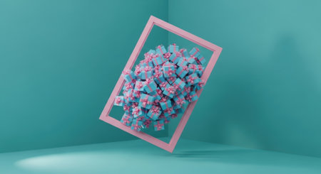 A captivating abstract composition featuring a cluster of teal and pink flowers arranged within a pink rectangular frame, set against a vibrant teal backdrop.の素材