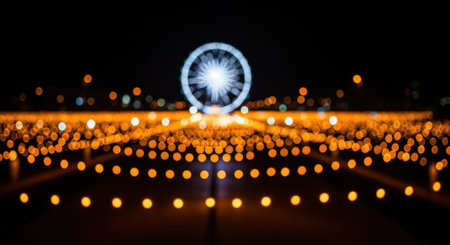 A captivating night scene featuring a blurred Ferris wheel in the background, surrounded by numerous warm, glowing bokeh lights creating a magical and festive atmosphere.の素材