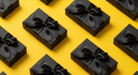 A pattern of black gift boxes tied with black ribbons on a bright yellow background, creating a minimalist and elegant aesthetic.の素材