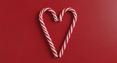 Two candy canes are arranged to form a heart shape on a solid red background, symbolizing love and holiday cheer.の素材