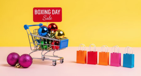 A miniature shopping cart overflowing with festive Christmas ornaments, placed next to a row of vibrant gift bags, signifying Boxing Day sales and holiday shopping.の素材