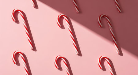 A delightful pattern of classic red and white striped candy canes arranged neatly on a soft pink background, featuring subtle shadows that add depth and dimension to the festive composition.の素材