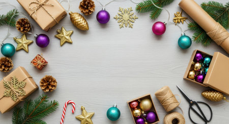 A festive flat lay of Christmas ornaments, gift boxes, pine cones, and candy canes on a light background.の素材