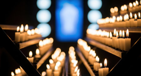 A close-up view of numerous lit candles creating a warm glow, with a blurred blue light source in the background, suggesting a spiritual or contemplative setting.の素材