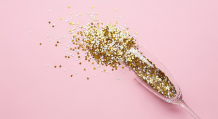 A champagne flute lies on its side, spilling out a cascade of golden confetti onto a soft pink surface, creating a festive and celebratory atmosphere.の素材