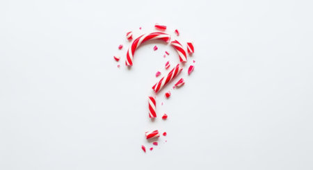 A question mark made of candy canes on a white surface, representing a holiday concept.の素材