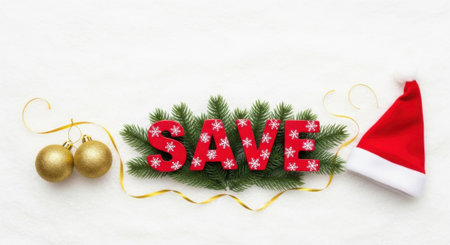 A festive SAVE sign made with red plaid letters on green fir branches, accompanied by a red Santa hat, golden Christmas ornaments, and string lights, all arranged on a clean white background, perfect for holiday sales and promotions.の素材