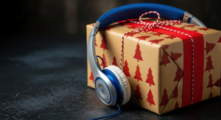 A festive Christmas gift box wrapped in paper with trees and red ribbon, adorned with blue headphones, set against a dark, textured surface.の素材
