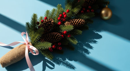 A festive Christmas wreath featuring pine cones and red berries, tied with a pink ribbon, casting a shadow on a blue surface.の素材