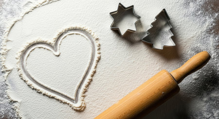 Close-up of cookie dough with heart shape, star, and Christmas tree cookie cutters, and rolling pin.の素材