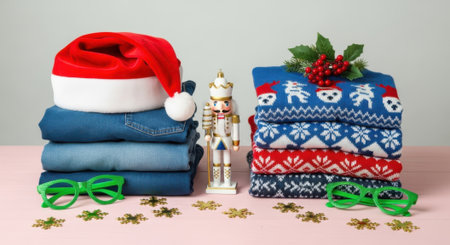 A festive display of Christmas holiday apparel including a Santa hat, stacked jeans, and a pile of ugly Christmas sweaters, adorned with a nutcracker and green novelty glasses, all set on a pink table with golden star confetti.の素材