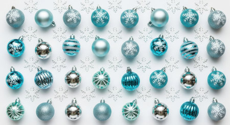 A festive arrangement of blue and silver Christmas ornaments, perfect for holiday-themed designs and backgrounds. Highlighting the beauty of winter decorations.の素材