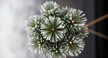 A detailed close-up of a white pine branch, showcasing its unique needle arrangement and texture against a blurred background.の素材